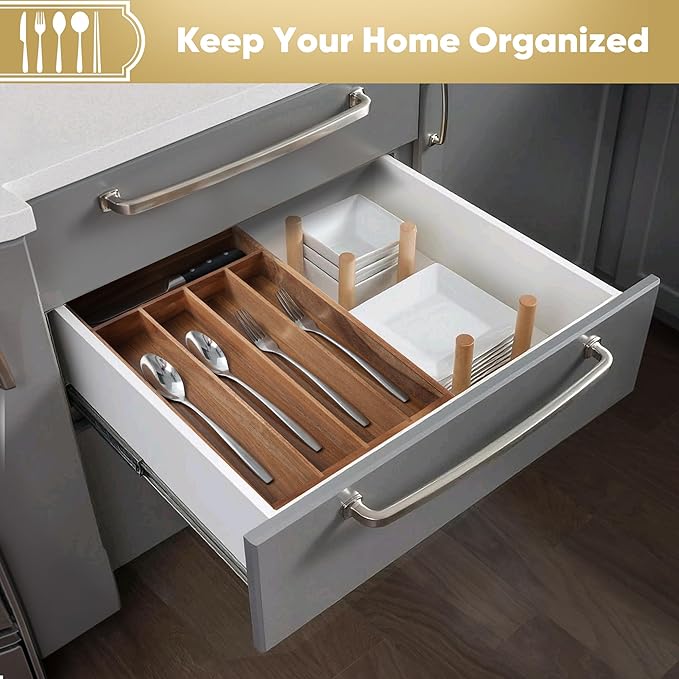Silverware Organizer, 10 Inch Utensil Organizer Kitchen Drawer Organizer Acacia - Image 5