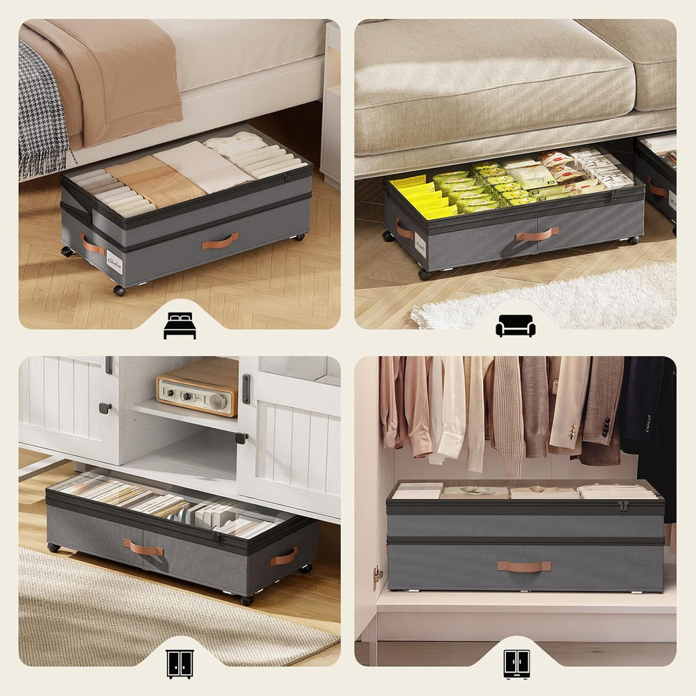 Yecaye 90L Under Bed Storage with Wheels, Height Adjustable, 2 Pack, Grey