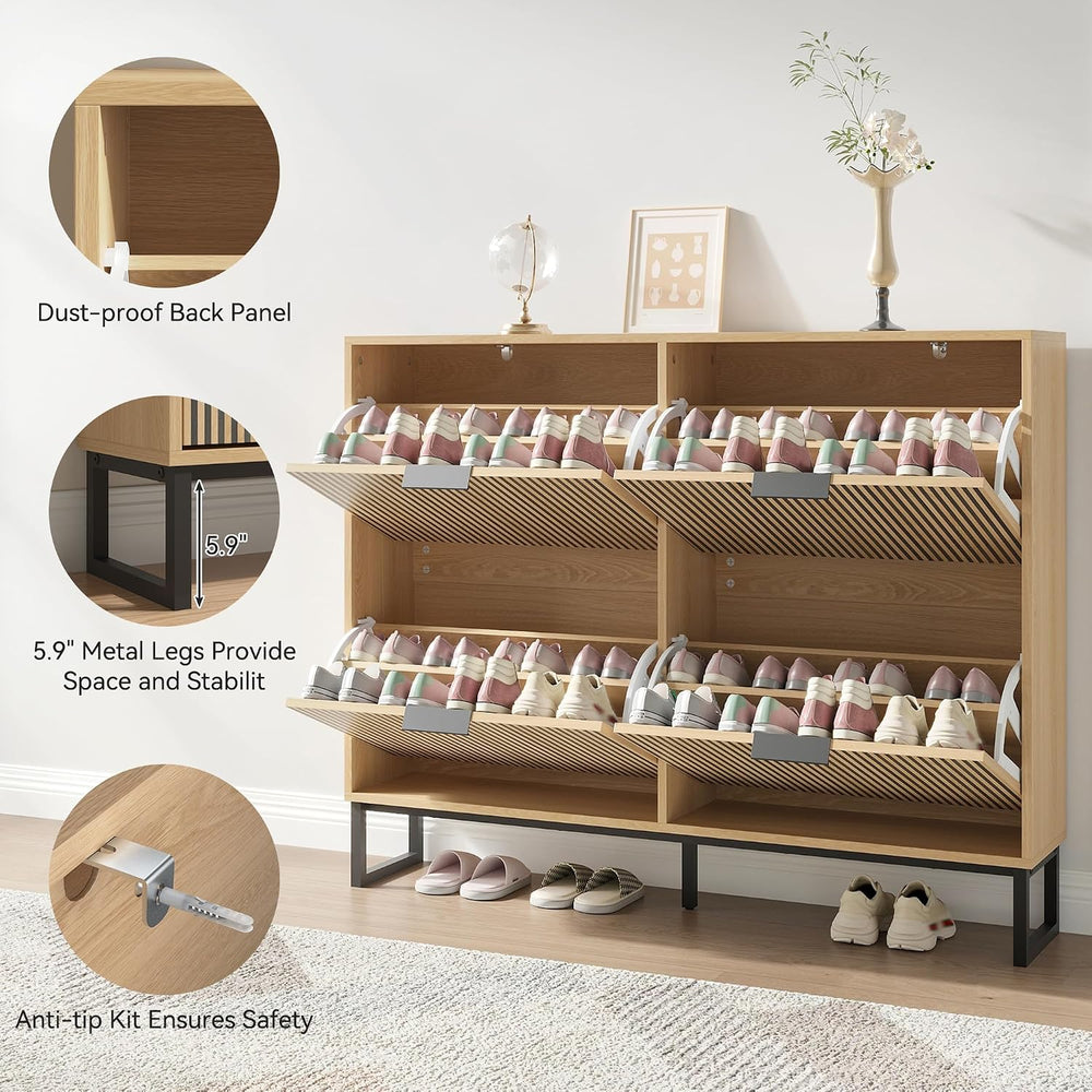Modren Shoe Cabinet with 4 Flip Drawers and Metal Legs, Walnut丨Narrow Wood Sh...