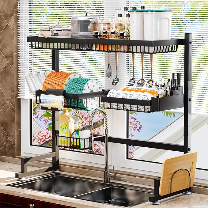 3-Tier Over Sink Dish Draining Rack, Adjustable Width and Height, - Image 9