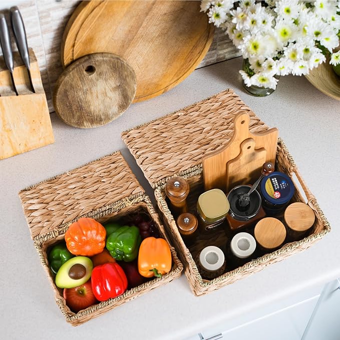 Wicker Storage Baskets with Lids and Handles, Hand Woven Rattan Storage Bins Box - Image 7