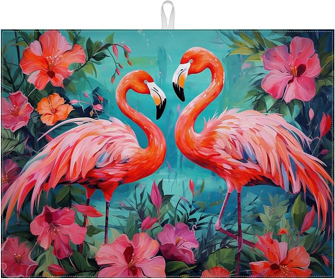 Tropical Flower Flamingo Dish Drying Mat by VisittheDuibelproduct