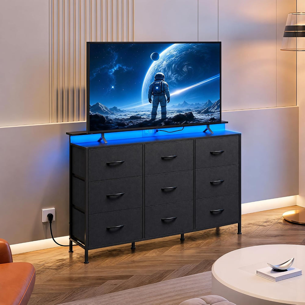 WLIVE Black Dresser TV Stand 9 Drawers, Fabric Chest of Drawers LED Lights