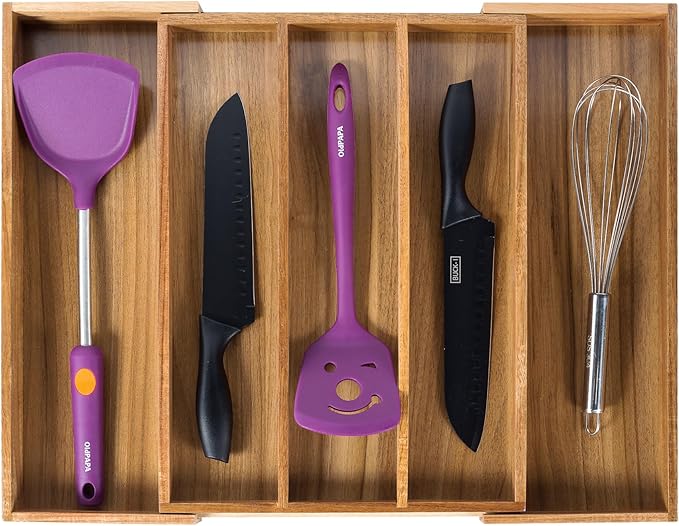 Utoplike Acacia Kitchen Drawer Organizer Expandable, Large Utensils and Cutlery by Utoplike