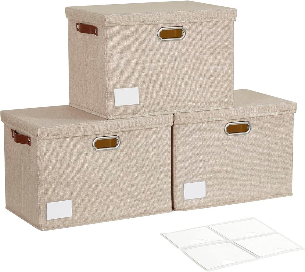 17" Large Fabric Storage Box with Lids, 3-Pack, Khaki