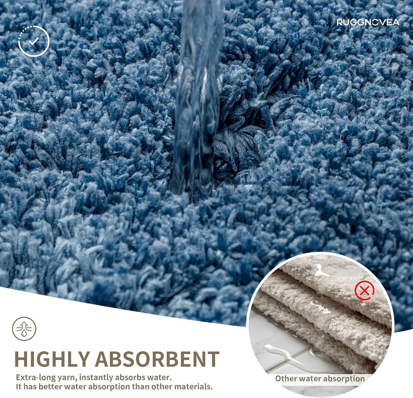 Bathroom Rugs Non Slip Washable, Ultra Thick Soft Microfiber Absorbent Bath Mats, High Density Foam Latex Non Slip Backing Bath Rugs, Fluffy Floor Carpet for Tub&Shower 24x17, Blue