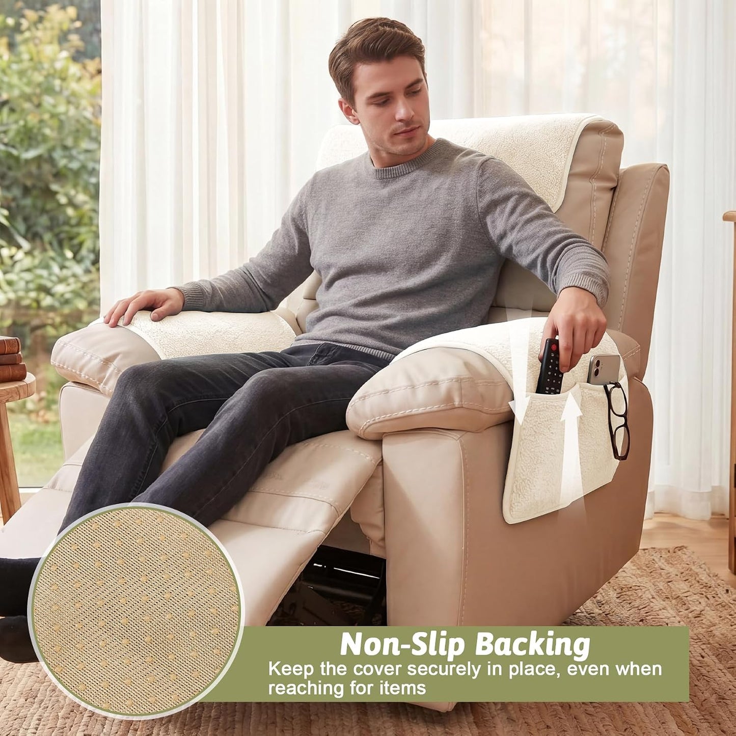 Universal Sherpa Recliner & Armchair Covers with Pockets, Soft Sofa Armrest Backrest Protectors, Pet Friendly Washable Arms Caddy Slipcovers for 3-Cushion Couch, Ivory