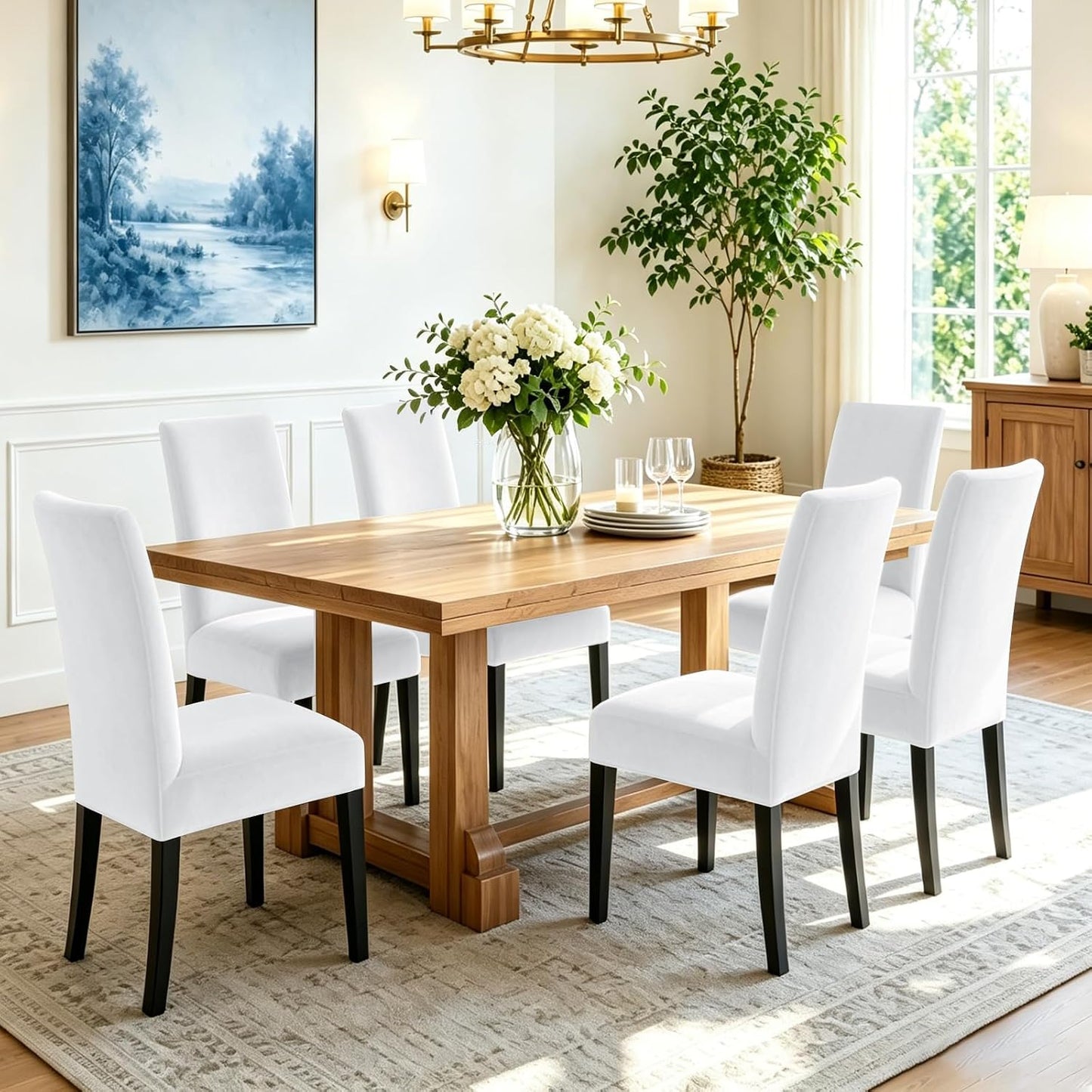 YEMYHOM Real Velvet Dining Chair Covers Set of 6, Stretch Parsons Chair Slipcovers, Super Soft Removable Washable Kitchen Chair Protector Cover for Dining Room, Restaurant, Banquet (White)