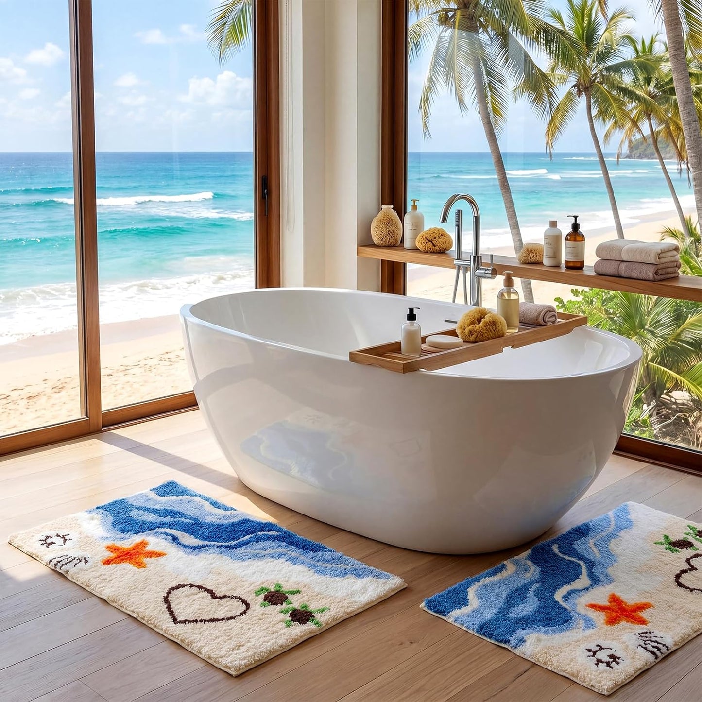 Coastal Bathroom Rug Beach Wave Bath Mat Nautical Cute Sea Turtle Starfish Shell Bathmat Summer Non Slip Washable Microfiber Shower Carpet for Bathroom, Kitchen and Entryway Decor, 18"x26"