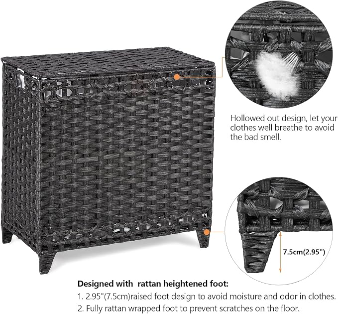 Laundry Hamper with 3 Removable Liner Bags; 132L Handwoven Rattan Laundry - Image 5