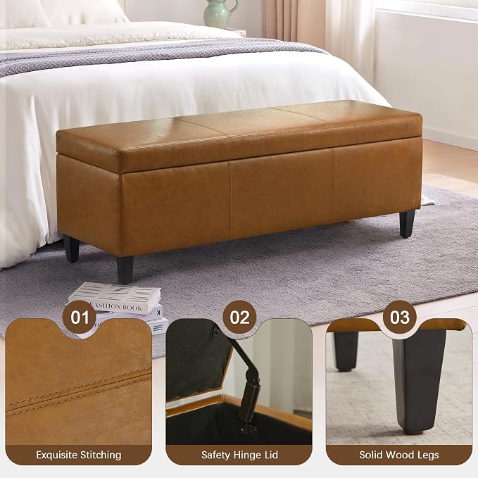 HUIMO Faux Leather Storage Ottoman Bench 50.3 Inch Extra Long PU Upholstered - Image 6