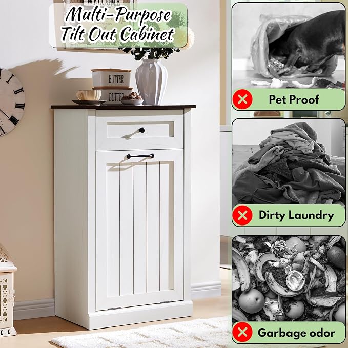 Tilt Out Laundry Hamper Cabinet, 10 Gallon Farmhouse Trash Can Cabinet - Image 4