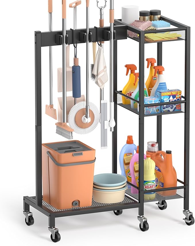 Broom Holder with Cleaning Supplies Organizer, Broom Closet Storage Cabinet by Olakee
