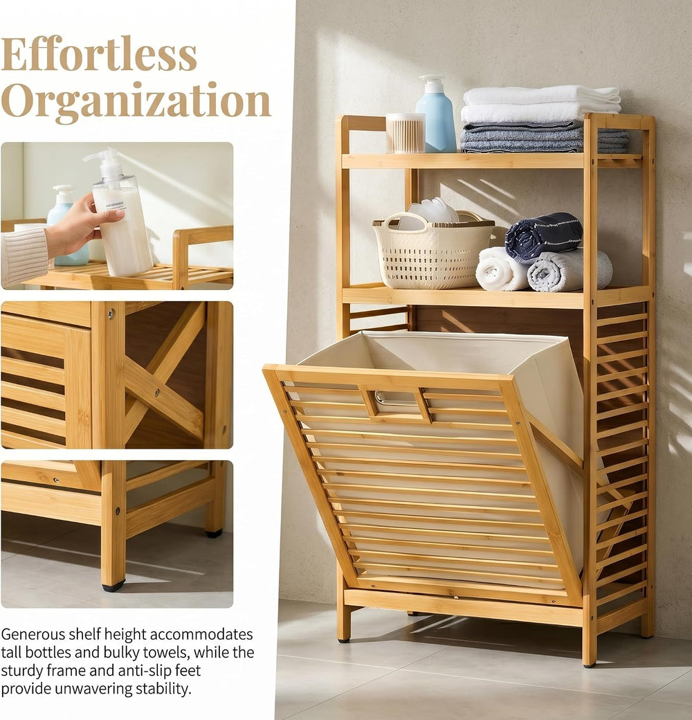 Bamboo Tilt Out Laundry Hamper with 2-Tier Storage Shelves