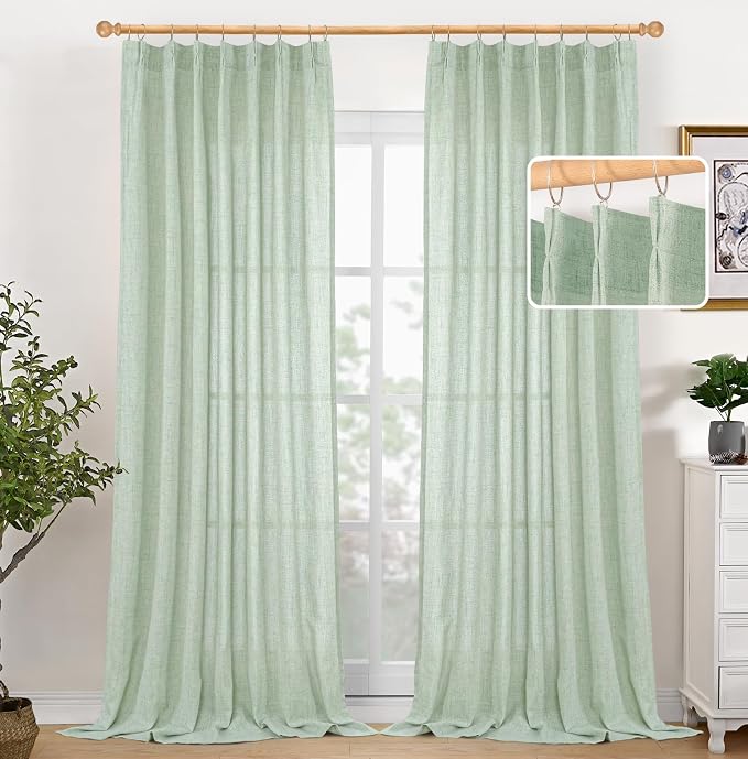 YoungsTex Sage Green Linen Curtains 90 Inch Length Living Room, Textured Semi by YoungsTex