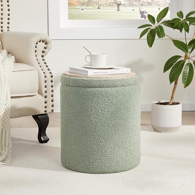 Boucle Round Ottoman with Storage Set of 2, Small Foot Stool Ottoman - Image 2
