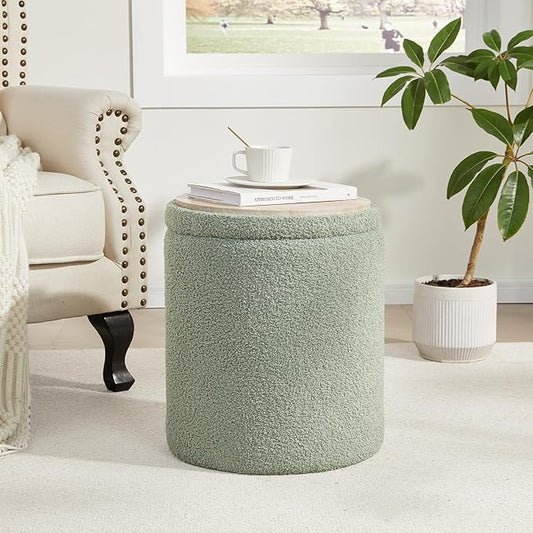 Boucle Round Ottoman with Storage Set of 2, Small Foot Stool Ottoman - Image 2