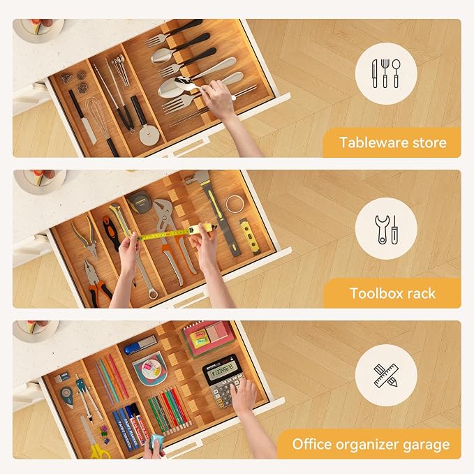 Yofidra Pure Bamboo Silverware Drawer Organizer: 16.53" Lx10 Wx1.93 H Large - Image 5