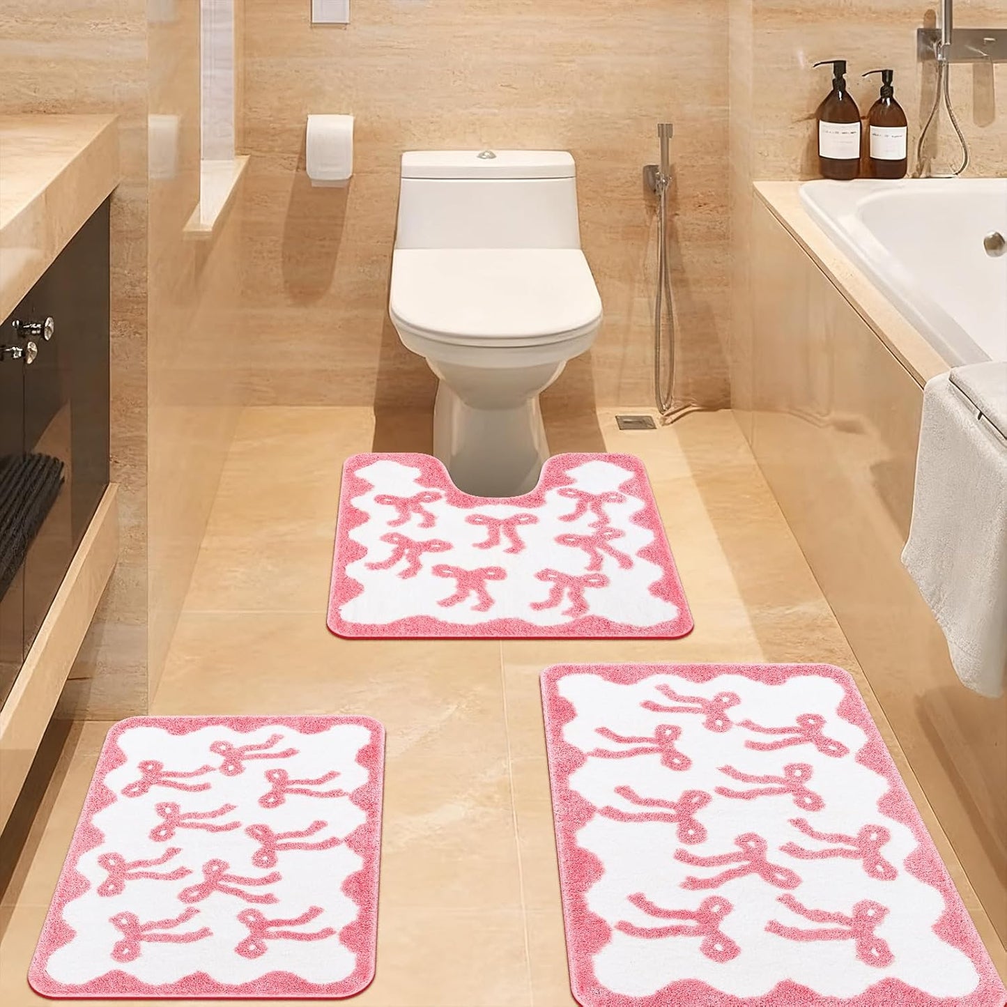 Nuanchu 3 Pcs Pink Bow Bathroom Rugs Set, Cute Bow Bath Mat Soft Non Slip Absorbent Coquette Bathroom Decor, Washable Bath Mat, U Shaped Toilet Rug for Bedroom, Living Home 31.5x20/ 24x22/ 24x17 Inch