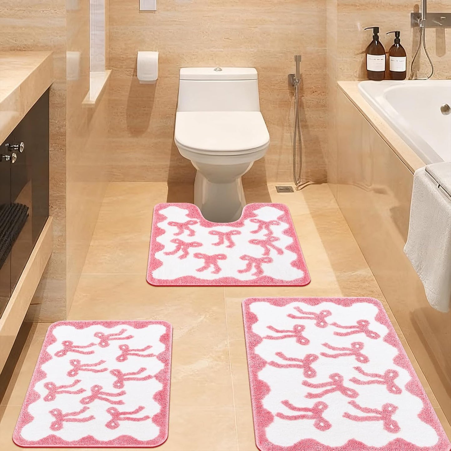 Nuanchu 3 Pcs Pink Bow Bathroom Rugs Set, Cute Bow Bath Mat Soft Non Slip Absorbent Coquette Bathroom Decor, Washable Bath Mat, U Shaped Toilet Rug for Bedroom, Living Home 31.5x20/ 24x22/ 24x17 Inch