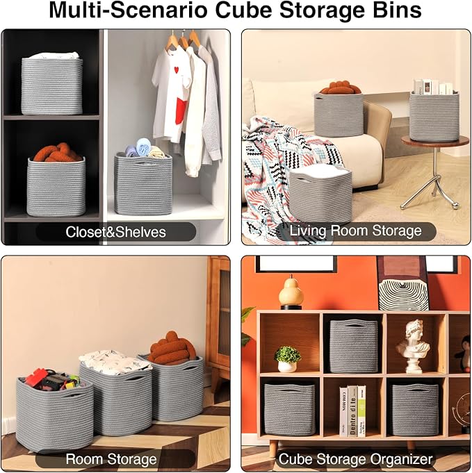 11 Inch Cube Storage Bins, Storage Cube Organizer Bins, Woven Cotton Rope Basket - Image 4