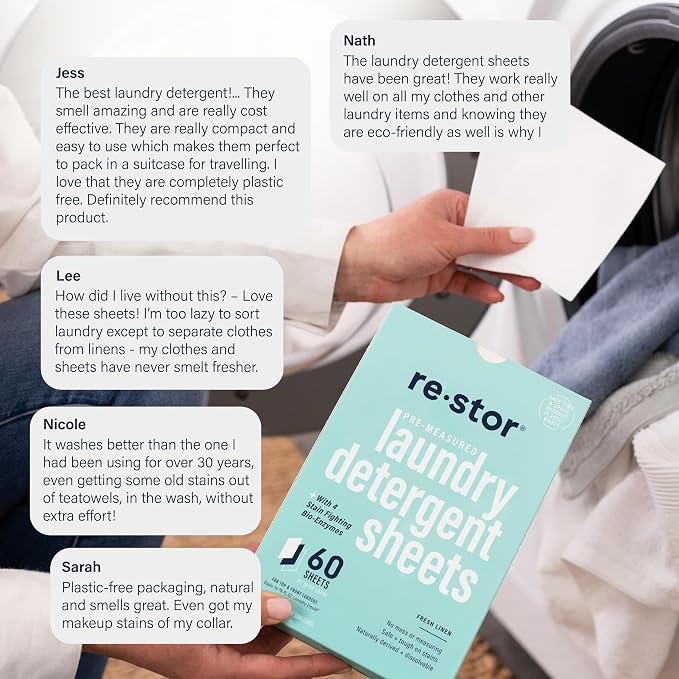 restor Laundry Detergent Sheets Fresh Linen 60 Loads | Eco Friendly Plastic - Image 6
