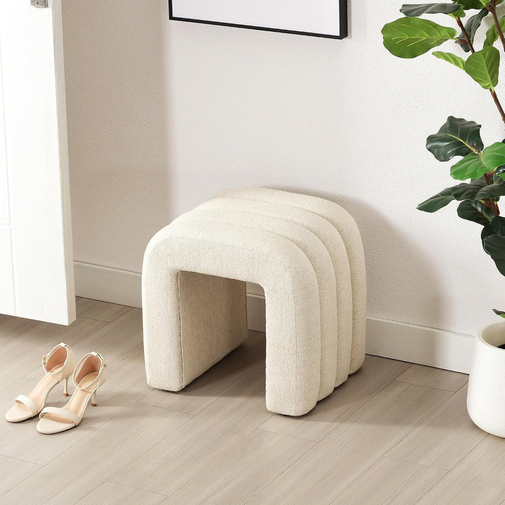 Beige Linen Ottoman Stool, Small Vanity Stool