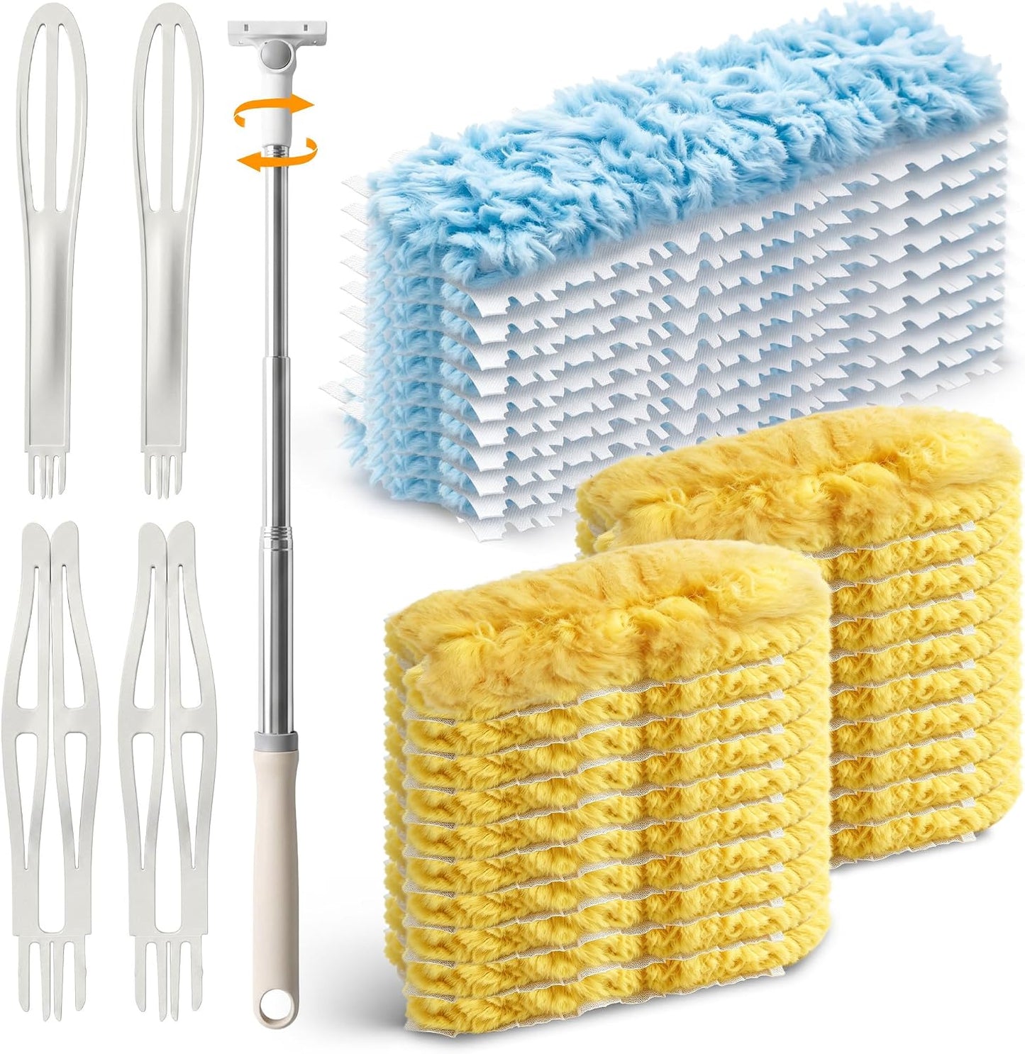 30 Count Heavy Duty Duster Refills, 6FT Extendable Handle with Dual Heads, 4 Fan Blades, 360 Microfiber Duster for Ceiling Fan, High Ceilings, Lamps, Hard-to-Reach Areas