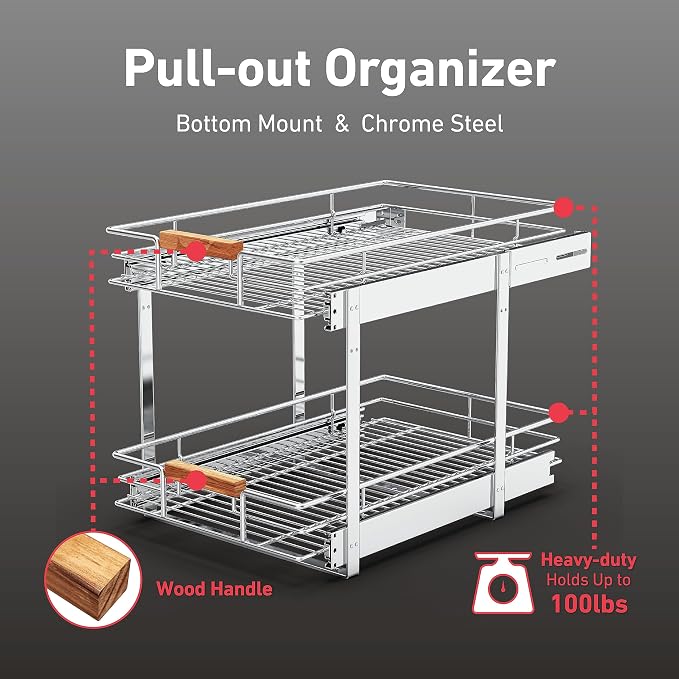 Pull Out Cabinet Organizer, 2 Tier Wire Basket Slide Out Shelf Storage - Image 2