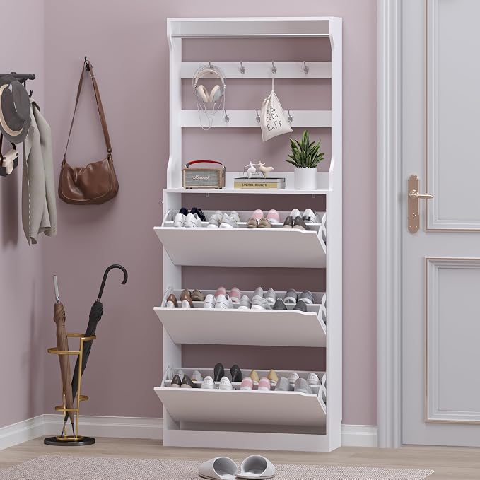Shoe Cabinet with 3 Flip Drawers & Coat Rack, Narrow Hidden Shoe Storage Cabinet - Image 7