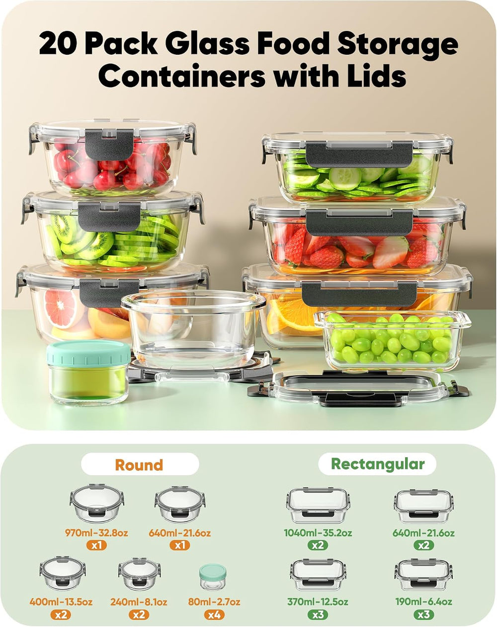 BiuLeon 40 PCS Glass Food Storage Containers with Lids, BPA-Free