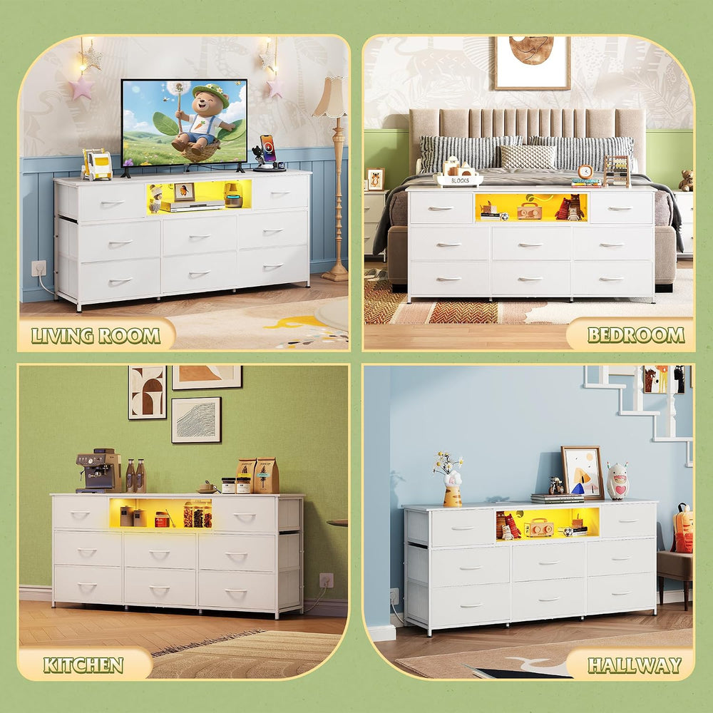 WLIVE LED Dresser TV Stand for 65 Inch TV, 8 Drawers, White