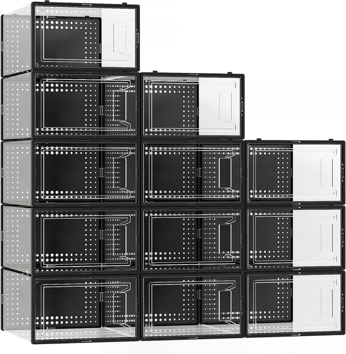 12 Pack Large Shoe Organizer Storage Boxes for Closet, Modular Space Saving Shoe Boxes Clear Plastic Stackable Sneaker Containers Display Case with Lids, Black