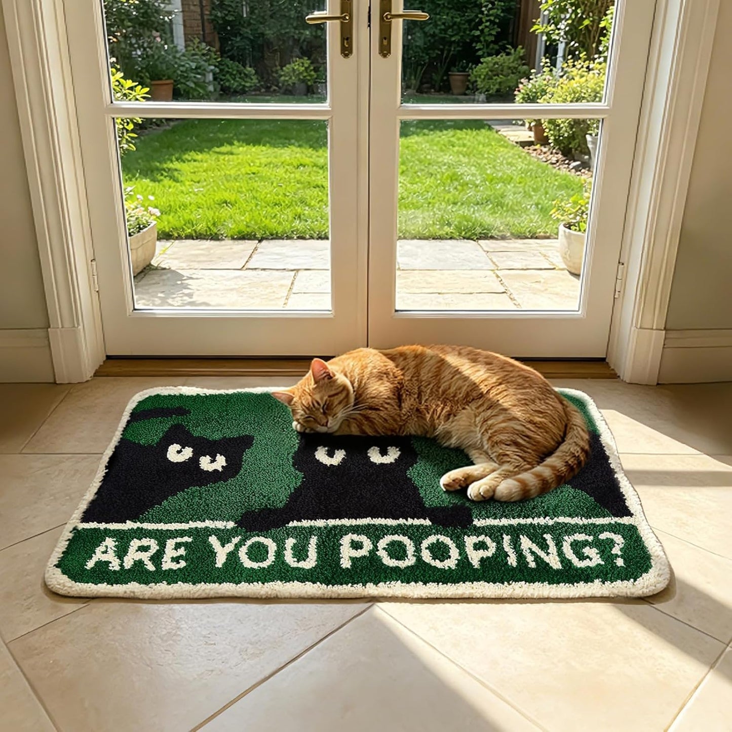 Cute Cat Bath Mat, Non Slip Funny Rug, Soft Absorbent Kitchen Carpet Machine Washable, Animal Patterns Green Rug for Shower Sink Bathtub Room Decor, 32 x 20 Inch