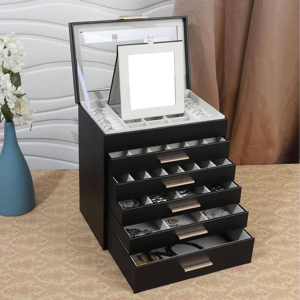 BOOVO Jewelry Boxes for Women, White and Black 6 Layer Large Jewelry Box for ...