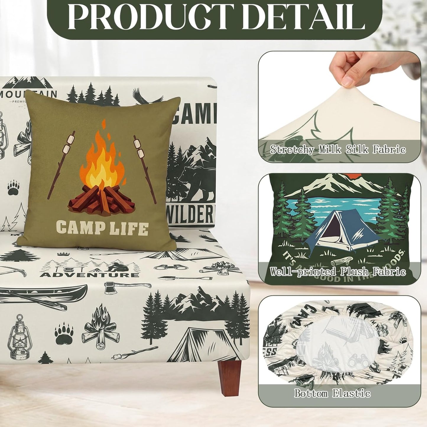 Tiamon RV Dinette Cushion Covers Set - 6 Pcs Camping Theme Cushion Slipcovers for Camper Car Bench Seat Replacement, 2 Pillowcase, 2 Backrest, 2 Bench Cover(Fabric,Green Camp)