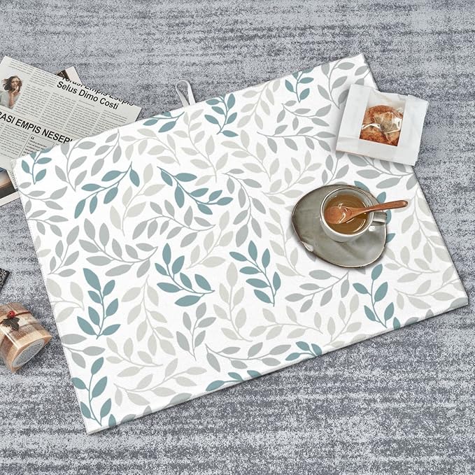 Grey And Blue Leaves Branches Microfiber Absorbent Reversible Dish Drying Mat - Image 8
