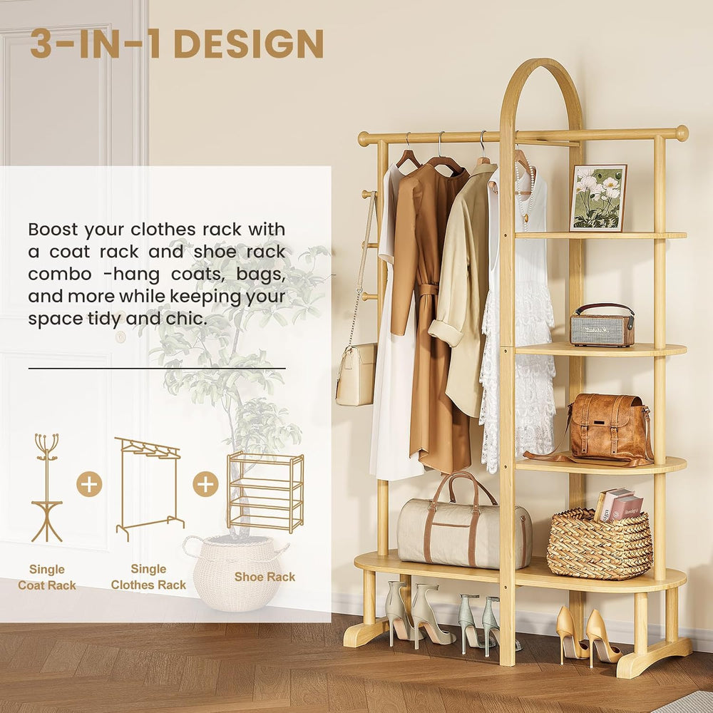 41.3" Wide 3-in-1 Freestanding Clothing Rack, Wooden Coat Rack with 4 Sh...
