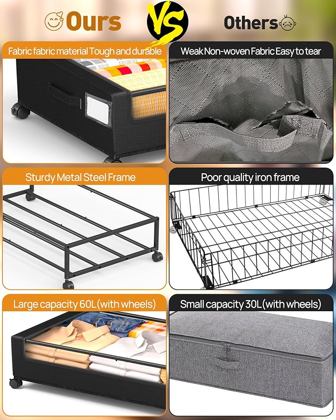 Under Bed Storage With Wheels, 2 Pack Square Containers, 60L Bins, Rolling - Image 6