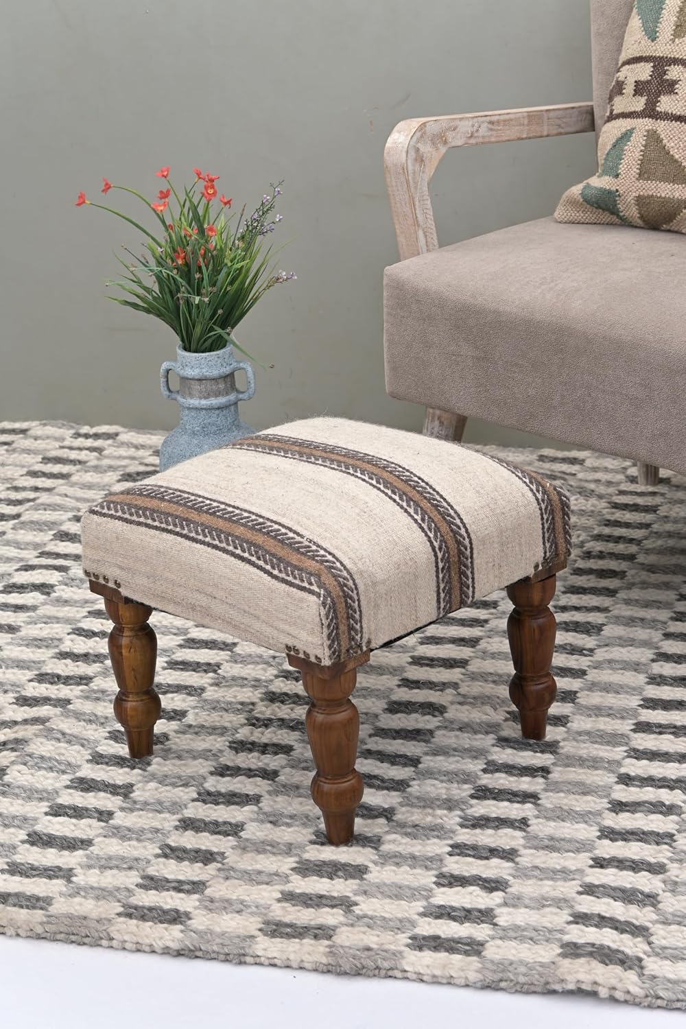 Handmade Jute Ottoman Stool with Wooden Legs | Square Upholstered Foot Rest &...