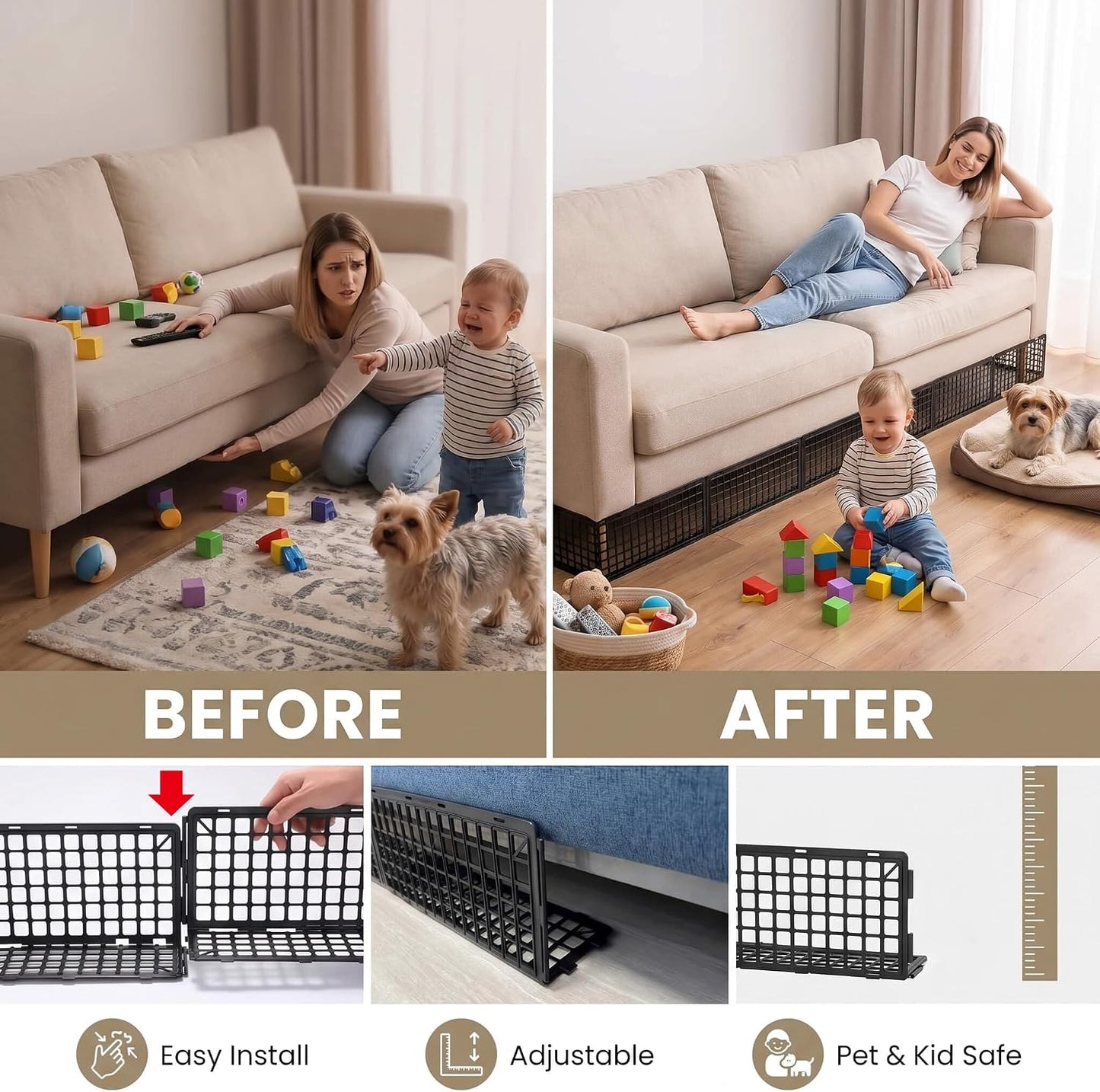 12Pcs Under Couch Blocker for Bed Adjustable Furniture Plastic Under Bed Blocker with 32ft Cut-to-Size Hook & Loop Secured Furniture Feet Ties & 40 Ties, Black Couch Barriers for Dogs Pets Cat