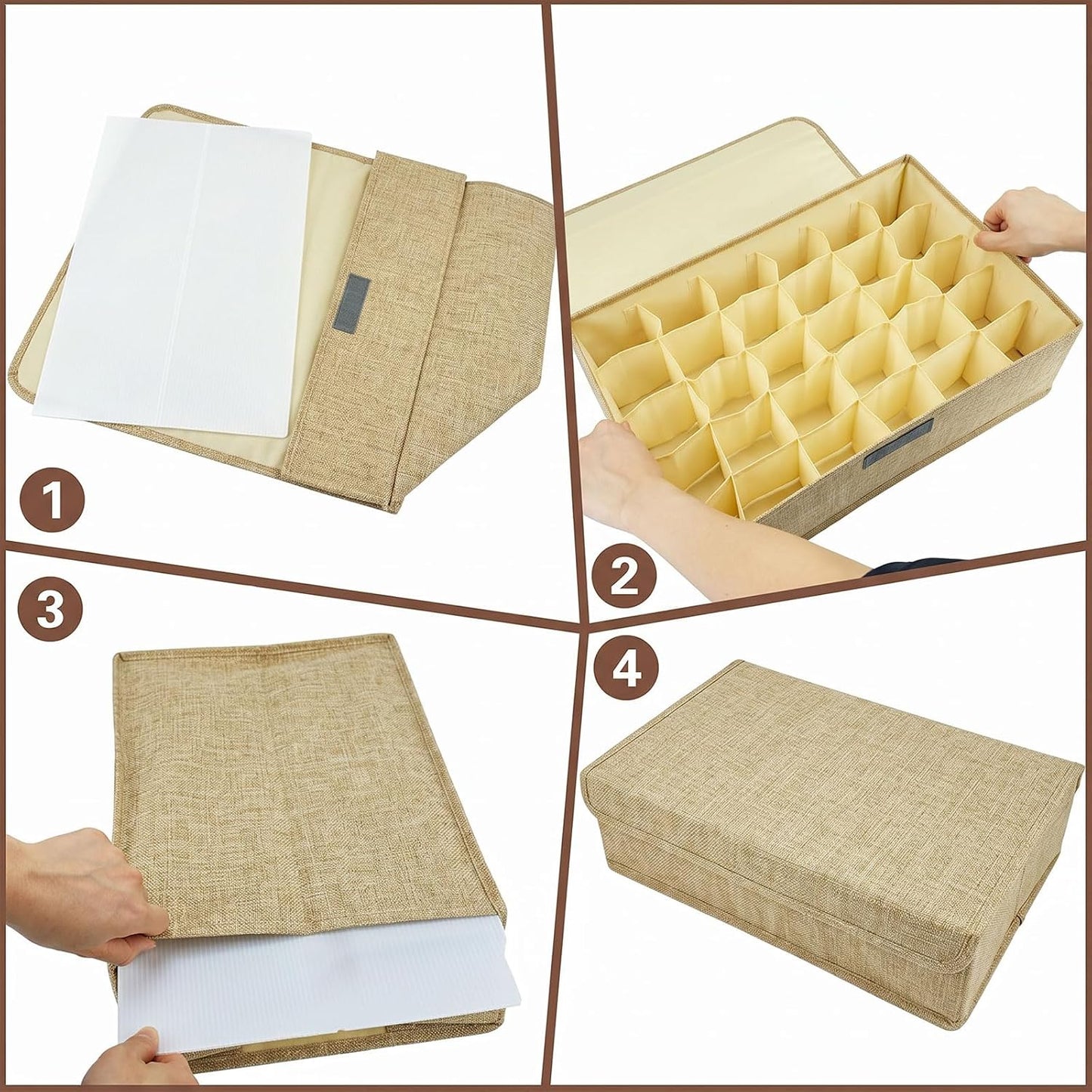 2-Pack Beige Sock & Tie Organizer with Lid, 30-Cell Foldable Storage Box | Keeps socks, ties, belts, small accessories neatly organized with a foldable, dustproof design and easy-access compartments