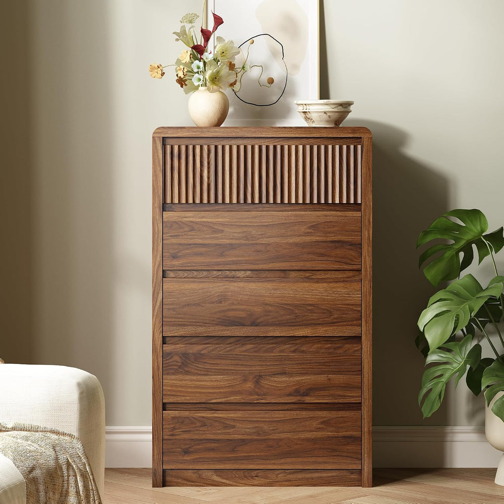 LYNSOM Walnut Fluted 5 Drawer Dresser for Bedroom, Curved Edge, 48" Tall