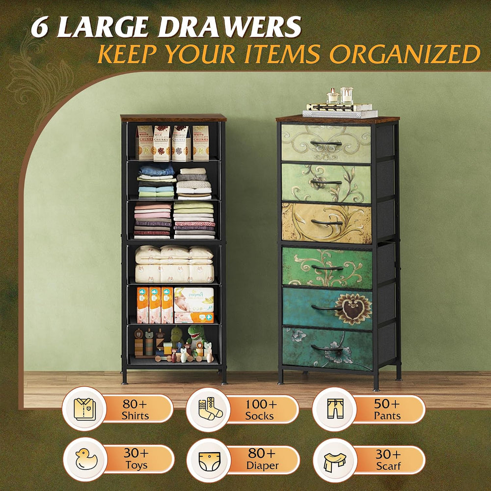 WLIVE Tall Dresser for Bedroom, 6 Drawer Dresser, Floral