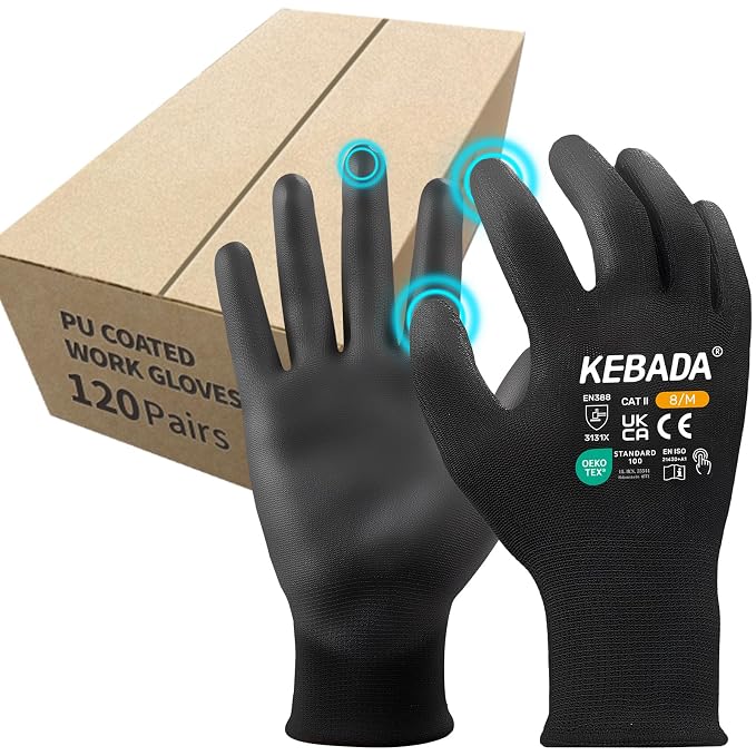 Kebada Safety Work Gloves, 120 Pairs Bulk Pack, Touchscreen, PU Coated by KEBADA