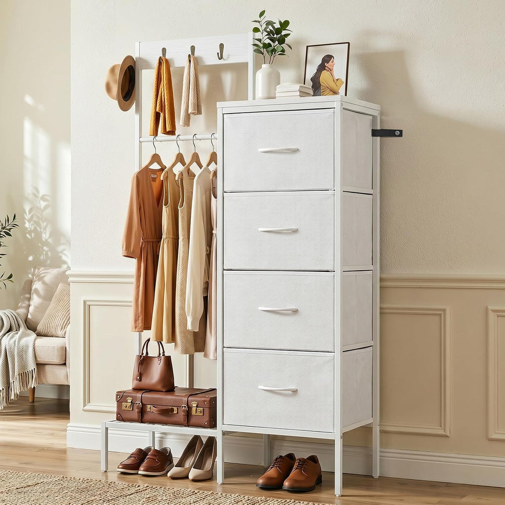 Lewondr Dresser with Hanging Rack and Storage Drawers, White