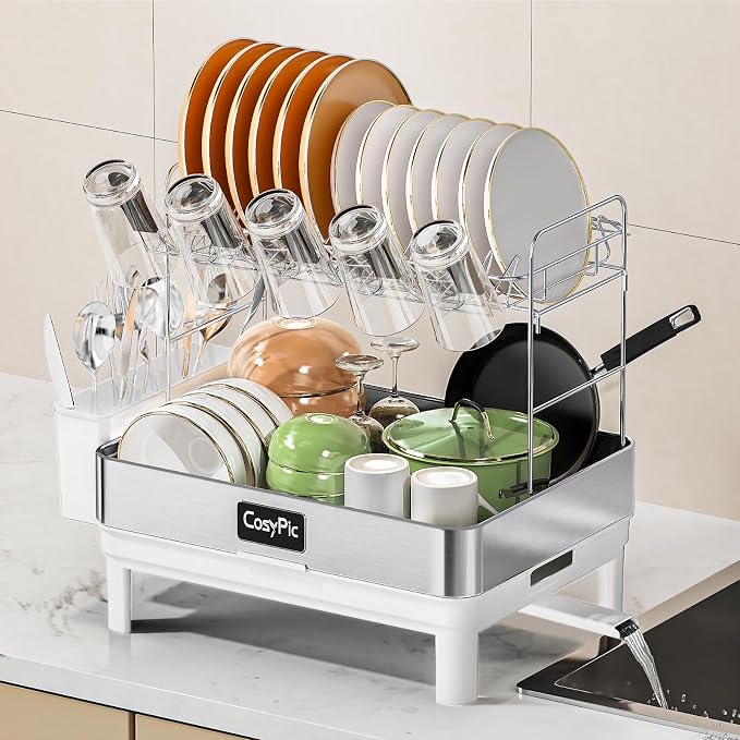 2 Tier Dish Drying Rack, Thicker Premium 304 Stainless Steel Dish Racks by CosyPic
