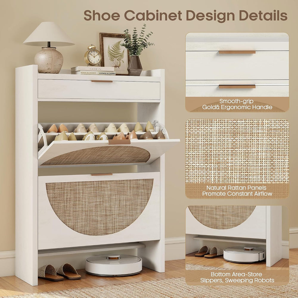 Quikraen Rattan Shoe Cabinet with 3 Drawers (2 Flip + 1 Slide), 31.5" Wi...