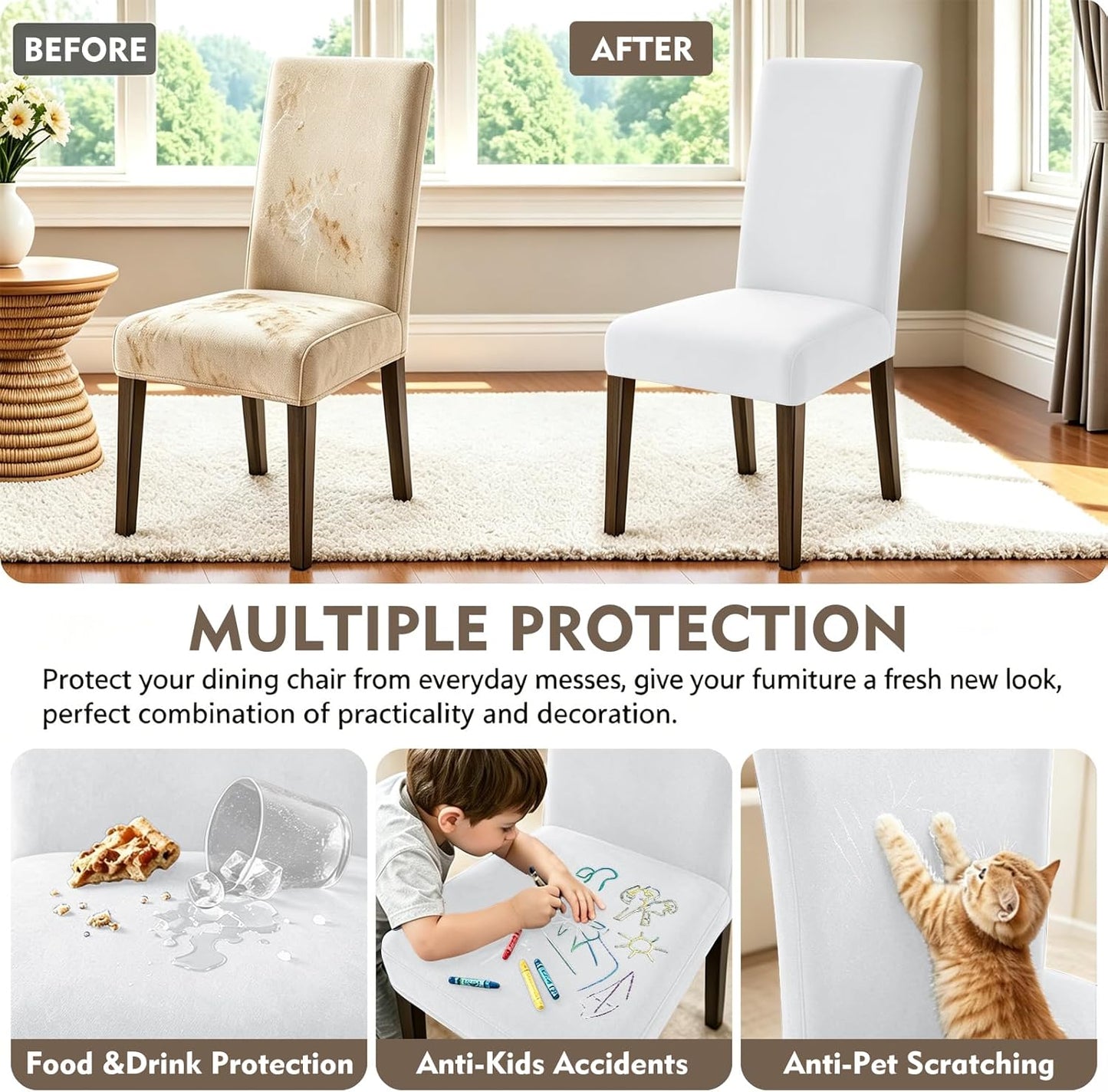 YEMYHOM Real Velvet Dining Chair Covers Set of 6, Stretch Parsons Chair Slipcovers, Super Soft Removable Washable Kitchen Chair Protector Cover for Dining Room, Restaurant, Banquet (White)