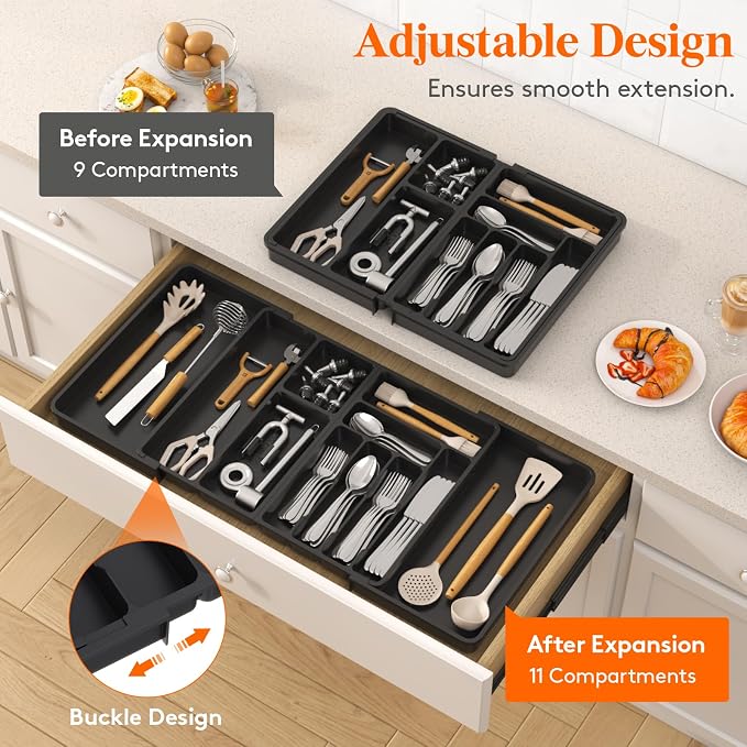 Lifewit Large Silverware Drawer Organizer, Plastic Cooking Utensil Tray - Image 3